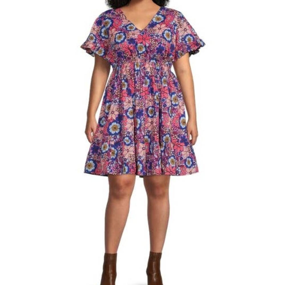 Terra & Sky Retro Floral/Lilac Bud Tiered Ruffle Midi Dress Plus Size 5x New - Picture 2 of 4